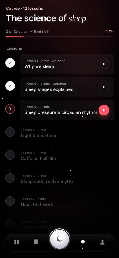 Sleep science course with twelve lessons and progress