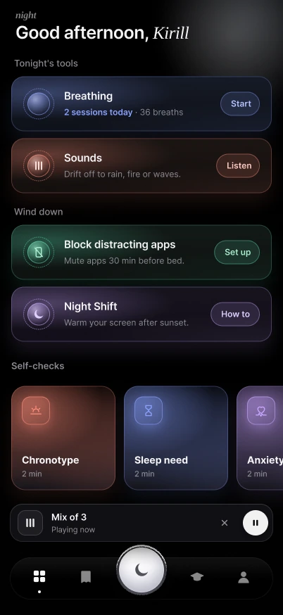 Sleep app home with breathing, sound and learning tools