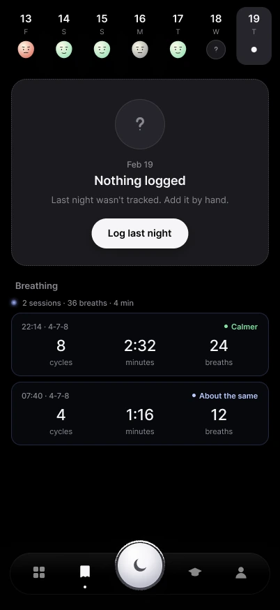 Sleep journal with an empty night and two breathing sessions