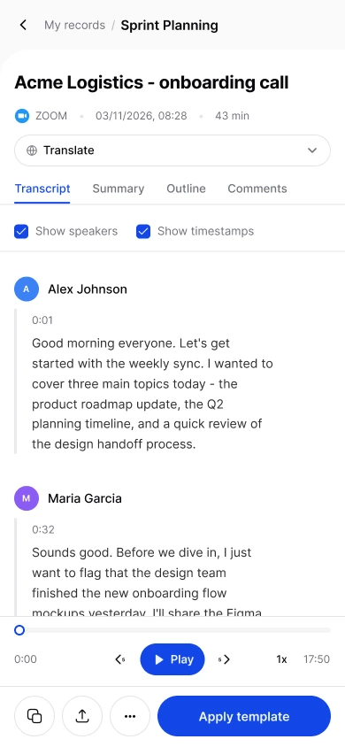 The same transcript in the mobile web layout