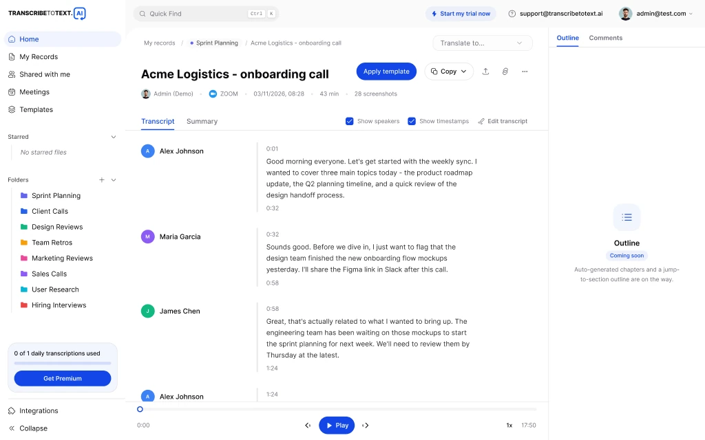 Transcribe to Text web interface with transcript and recording sidebar