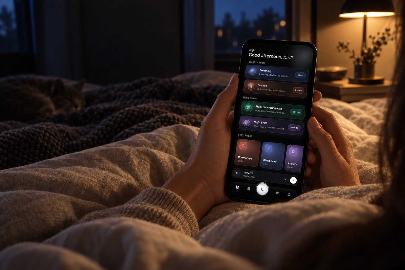 Go to Sleep: Una scena illustrativa con l'interfaccia del prodotto su un dispositivo